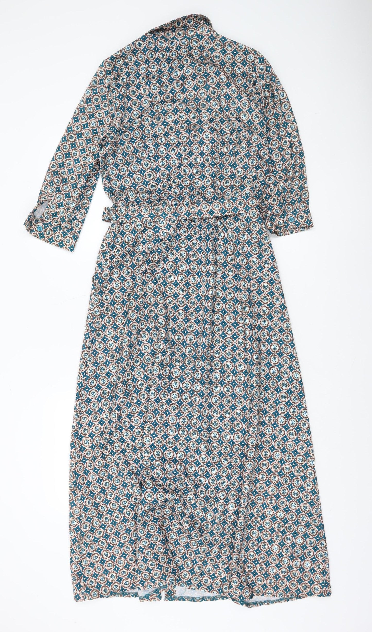 Kate & Pippa Blue Geometric Belted Long Shirt Dress Women XS