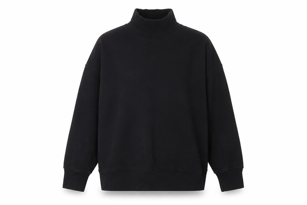Front view of French Connection women’s black high neck pullover sweatshirt, size L