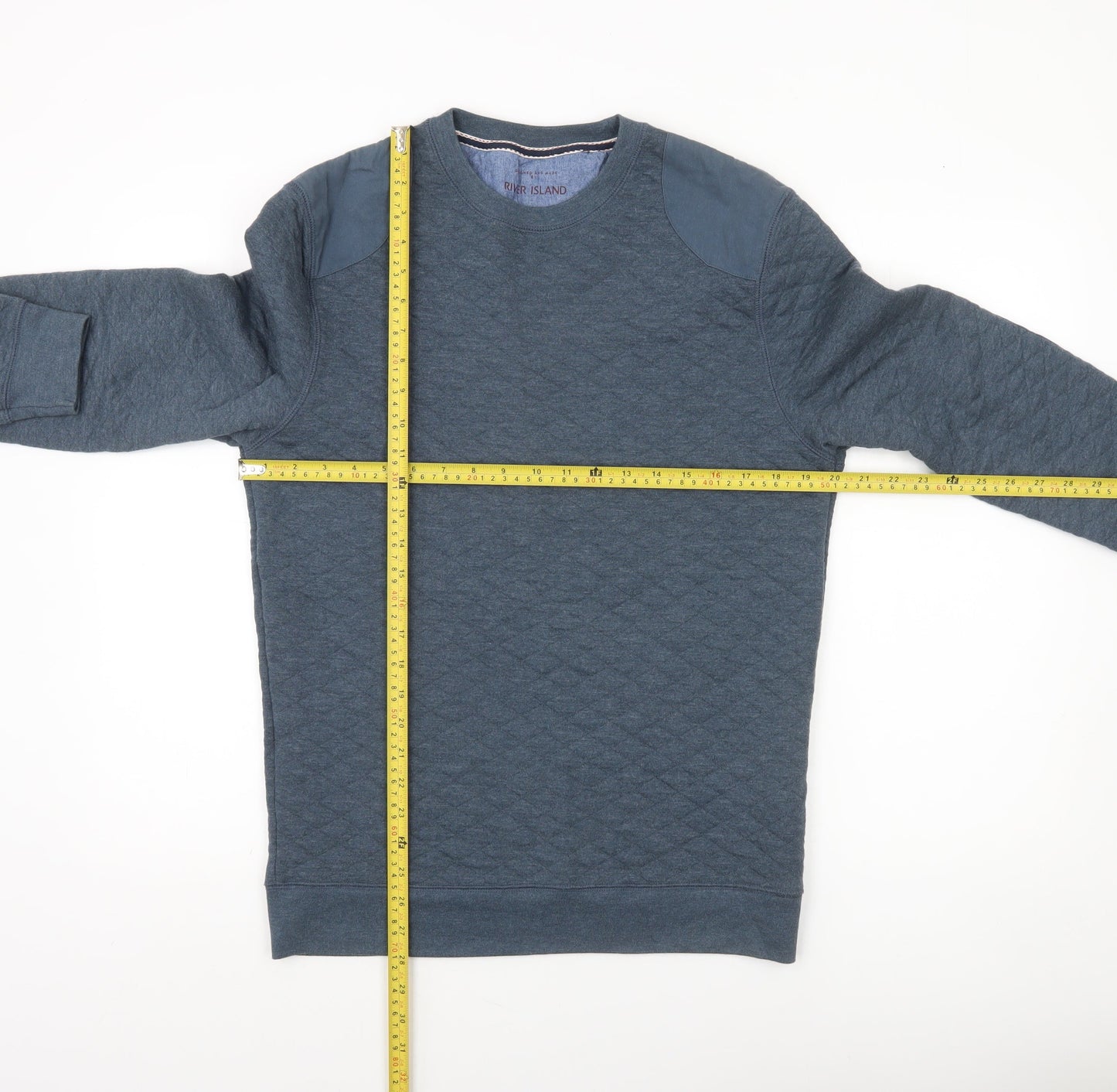 River Island Men's Blue Quilted Crew Neck Pullover Sweatshirt Medium