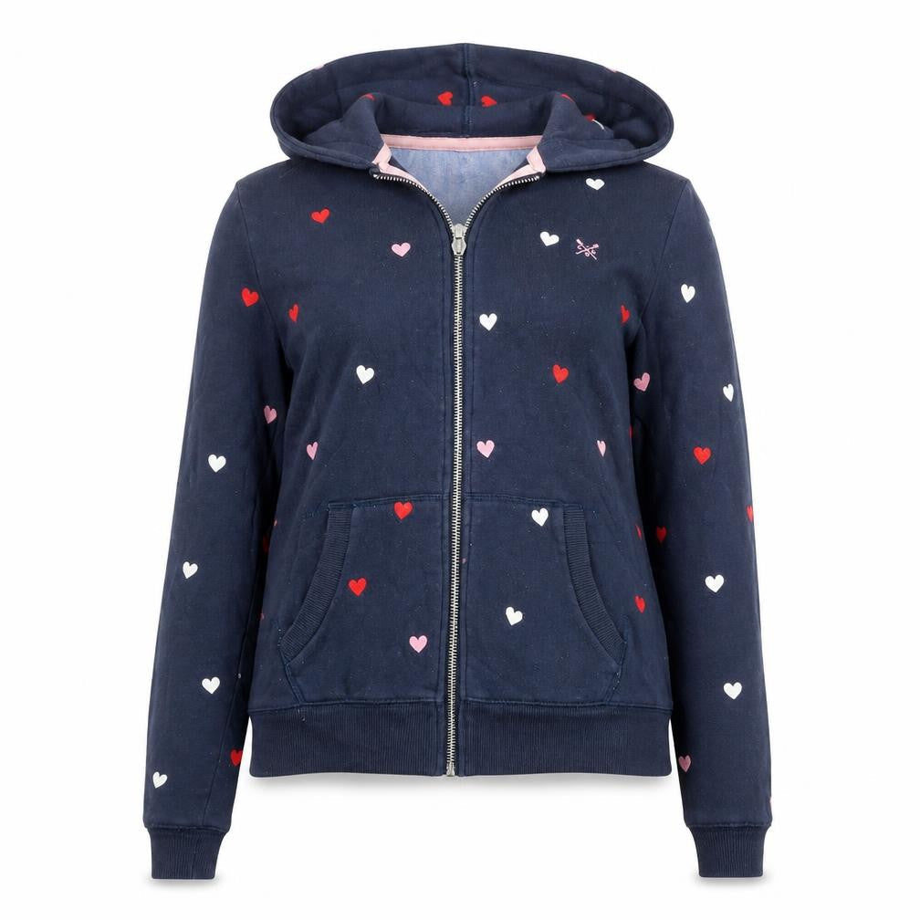 Front view of Crew Clothing women’s navy heart print full zip hoodie, size UK 10
