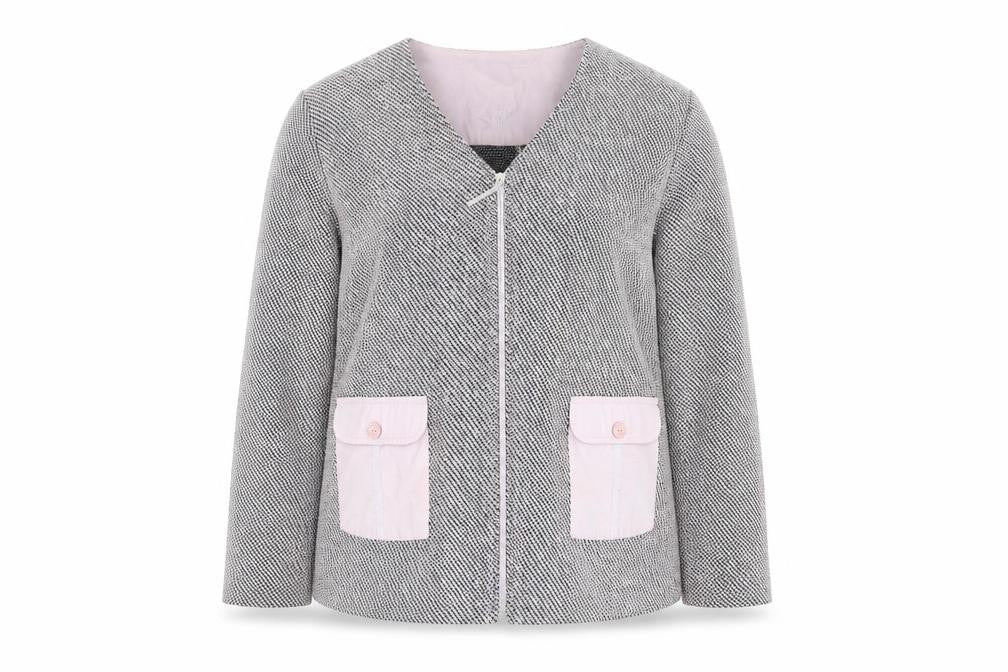 Gina Laura Women Grey Herringbone Zip Jacket with Pink Pockets M