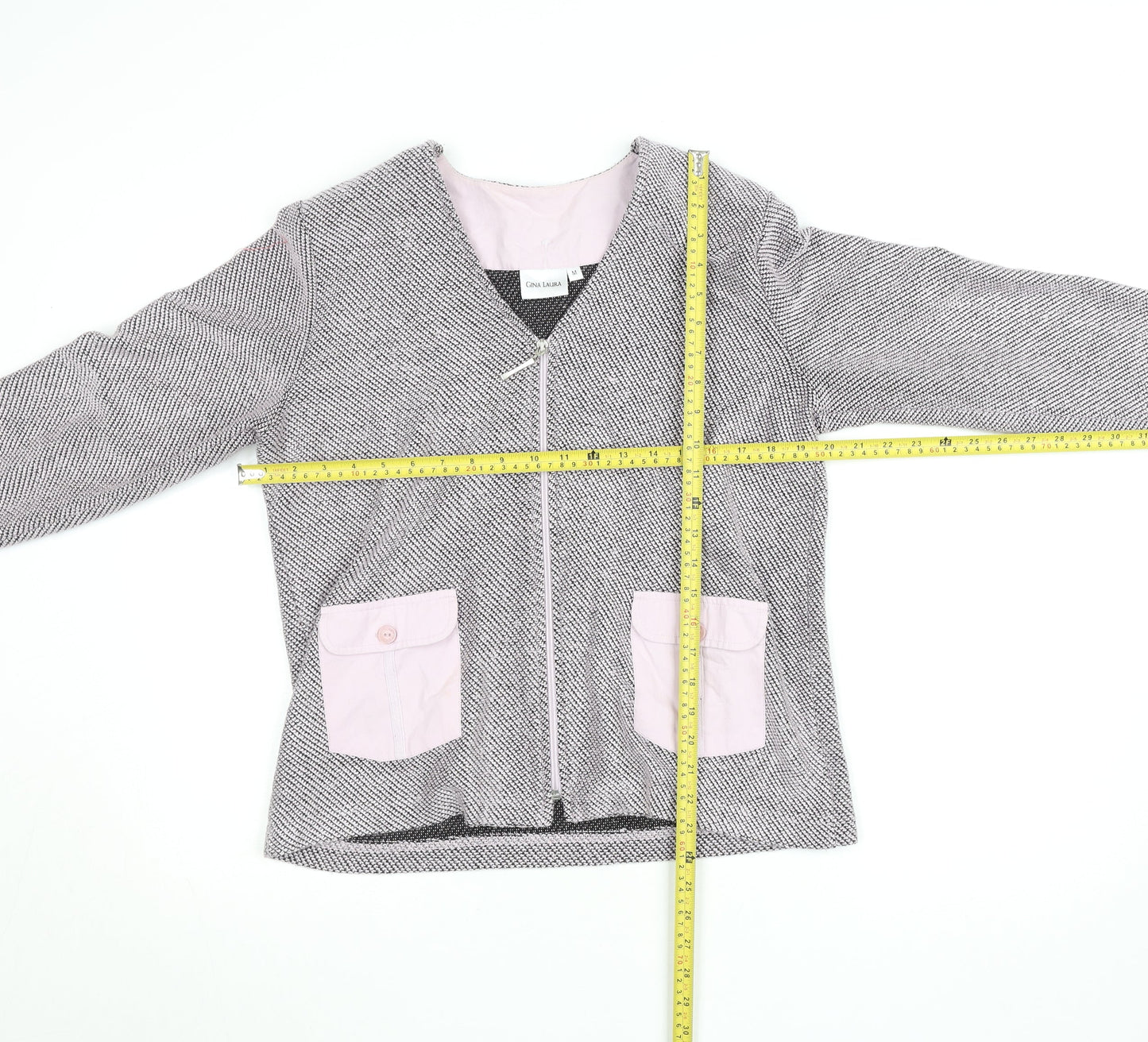 Gina Laura Women Grey Herringbone Zip Jacket with Pink Pockets M