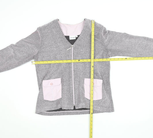 Gina Laura Women Grey Herringbone Zip Jacket with Pink Pockets M