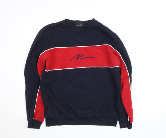 boohooMAN Men’s Navy & Red Crew Neck Embroidered Logo Sweatshirt Size M