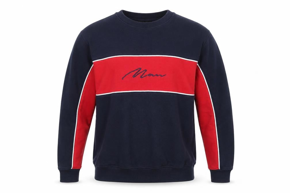 Front view of boohooMAN Men’s Navy & Red Crew Neck Embroidered Logo Sweatshirt, size M