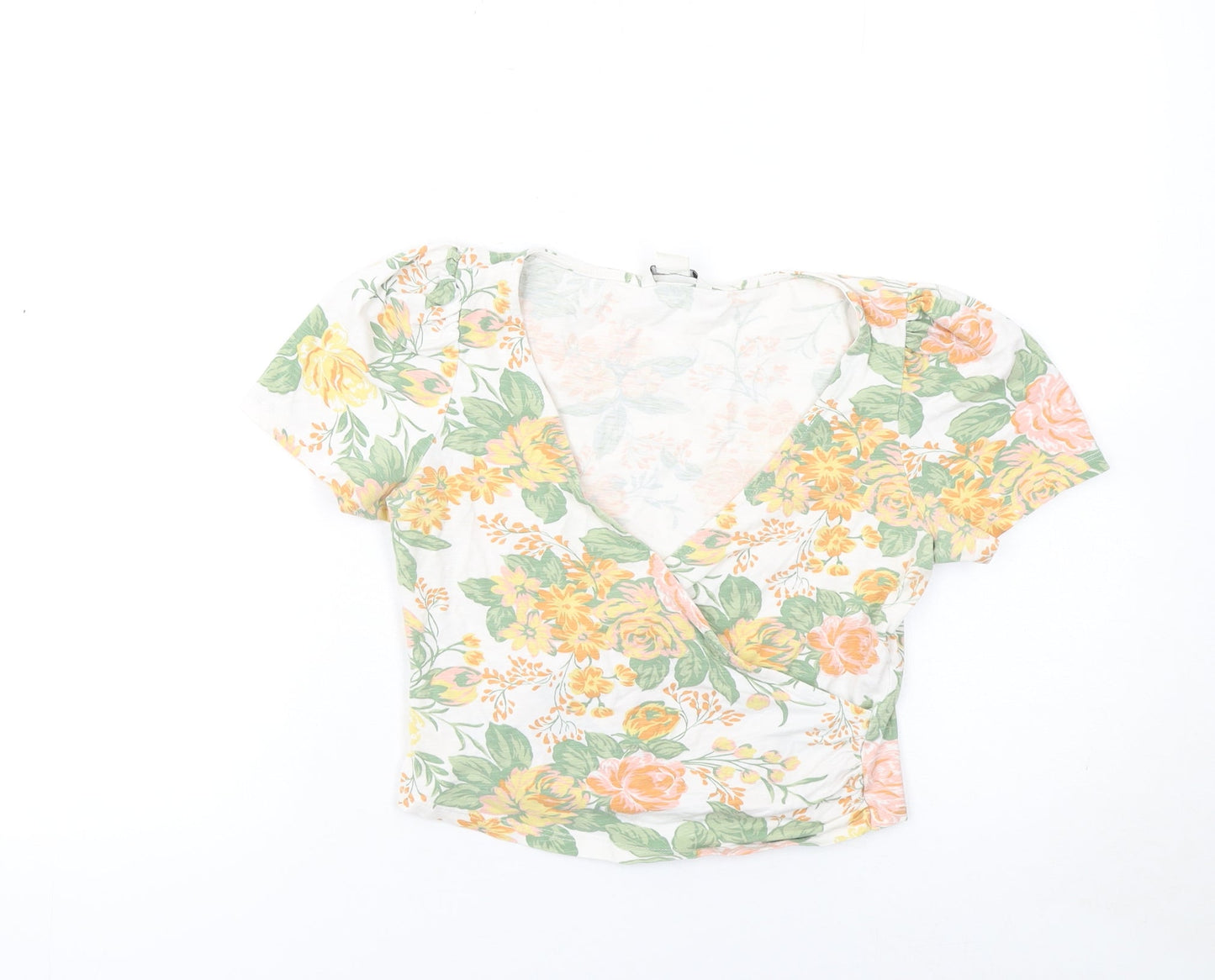 Monki Women's Floral Cropped V-Neck Puff Sleeve Blouse XS Multicoloured