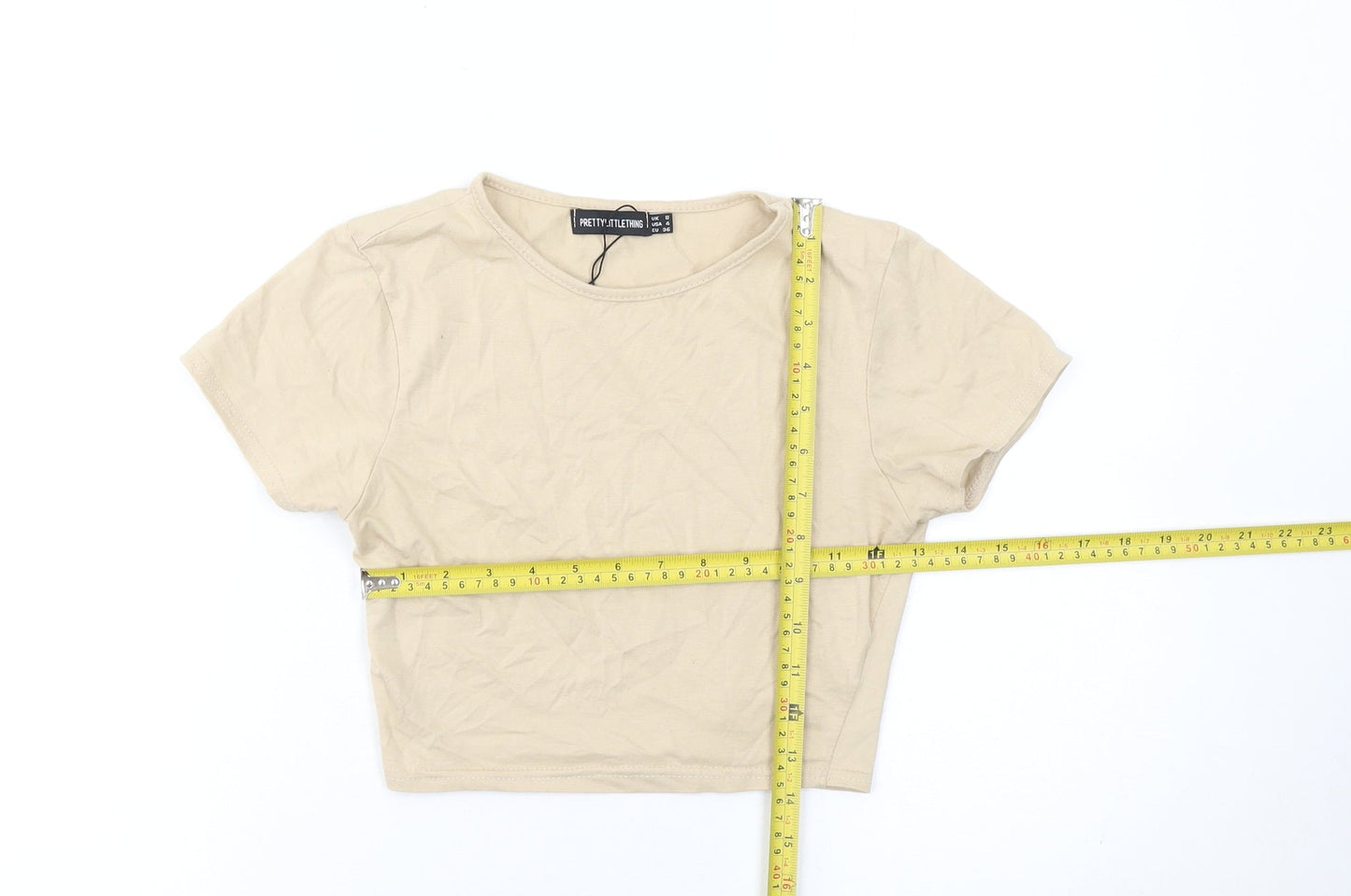 PrettyLittleThing Women Beige Crop T-Shirt Size 8 Cotton Blend