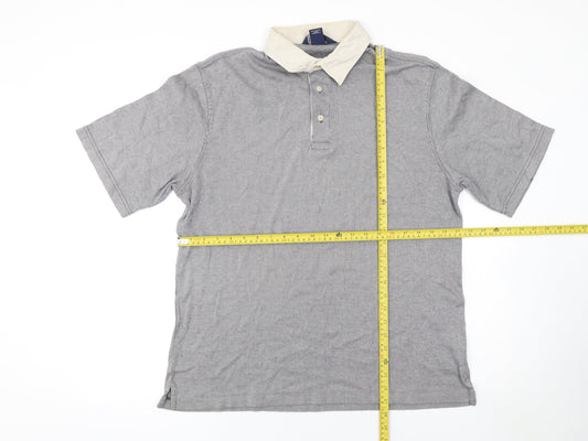 Lands' End Men's Grey Striped Cotton Polo Shirt L