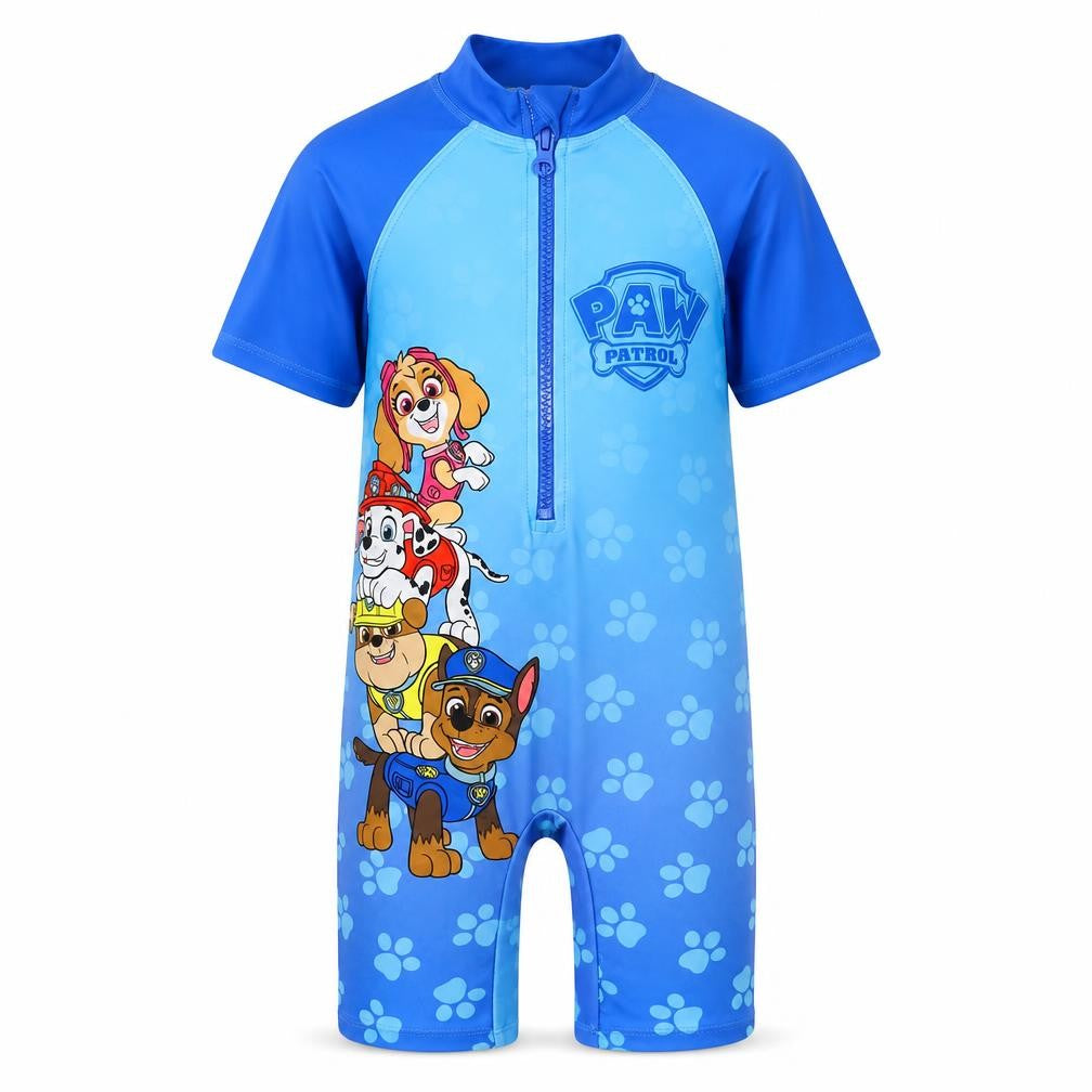 Front view of Dunnes boys’ blue paw patrol one piece swimsuit 2 years
