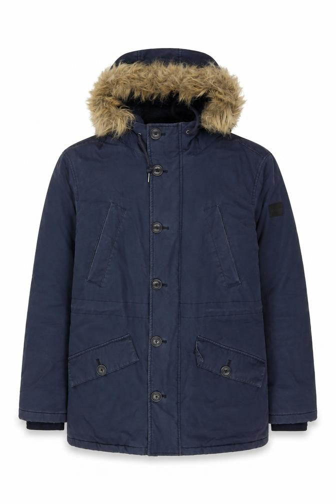 Farah Men's Navy Parka Coat Faux Fur Hood Size S Cotton Shell