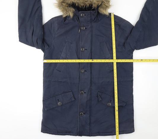 Farah Men's Navy Parka Coat Faux Fur Hood Size S Cotton Shell