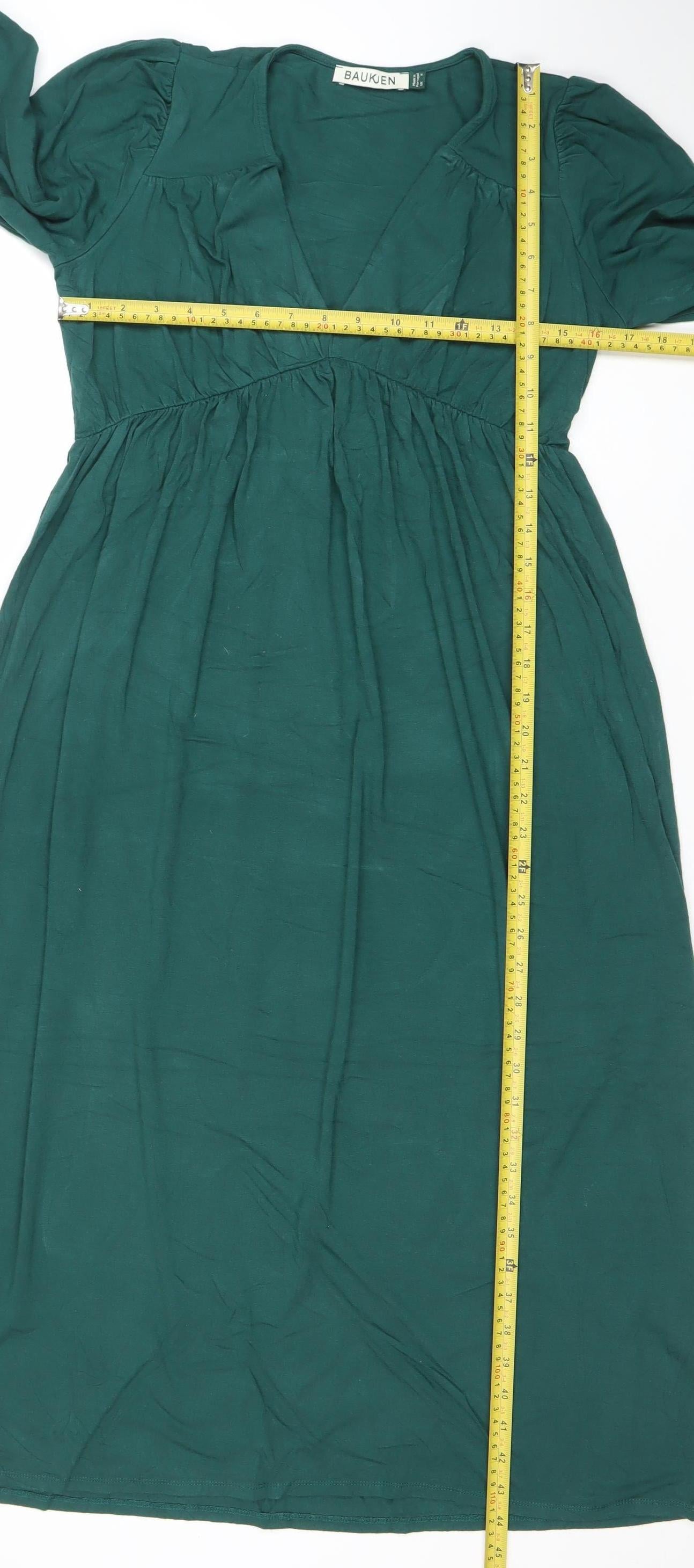 Bauken Women's Green Viscose A-Line Long Sleeve Knee Length Dress UK 8
