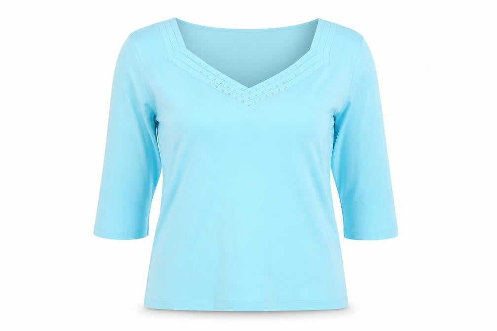Poppy Womens Blue V-Neck Beaded T-Shirt UK 14 3/4 Sleeve
