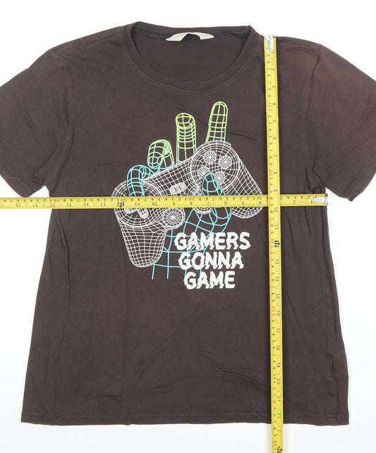 H&M Boys Brown Gamers Gonna Game T-Shirt 10-12 Years Short Sleeve Cotton