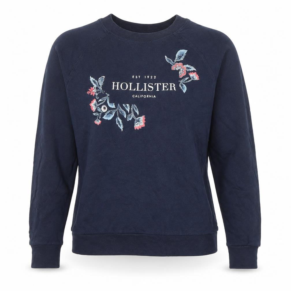 Hollister Women Navy Blue XS Embroidered Logo Crew Neck Sweatshirt