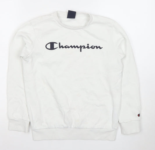 Champion Boys White Pullover Sweatshirt L Regular Fit Crew Neck Logo Fleece