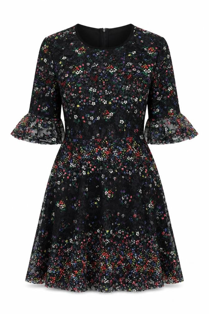 Oasis Women Black Floral Lace Fit & Flare Dress M Knee Length