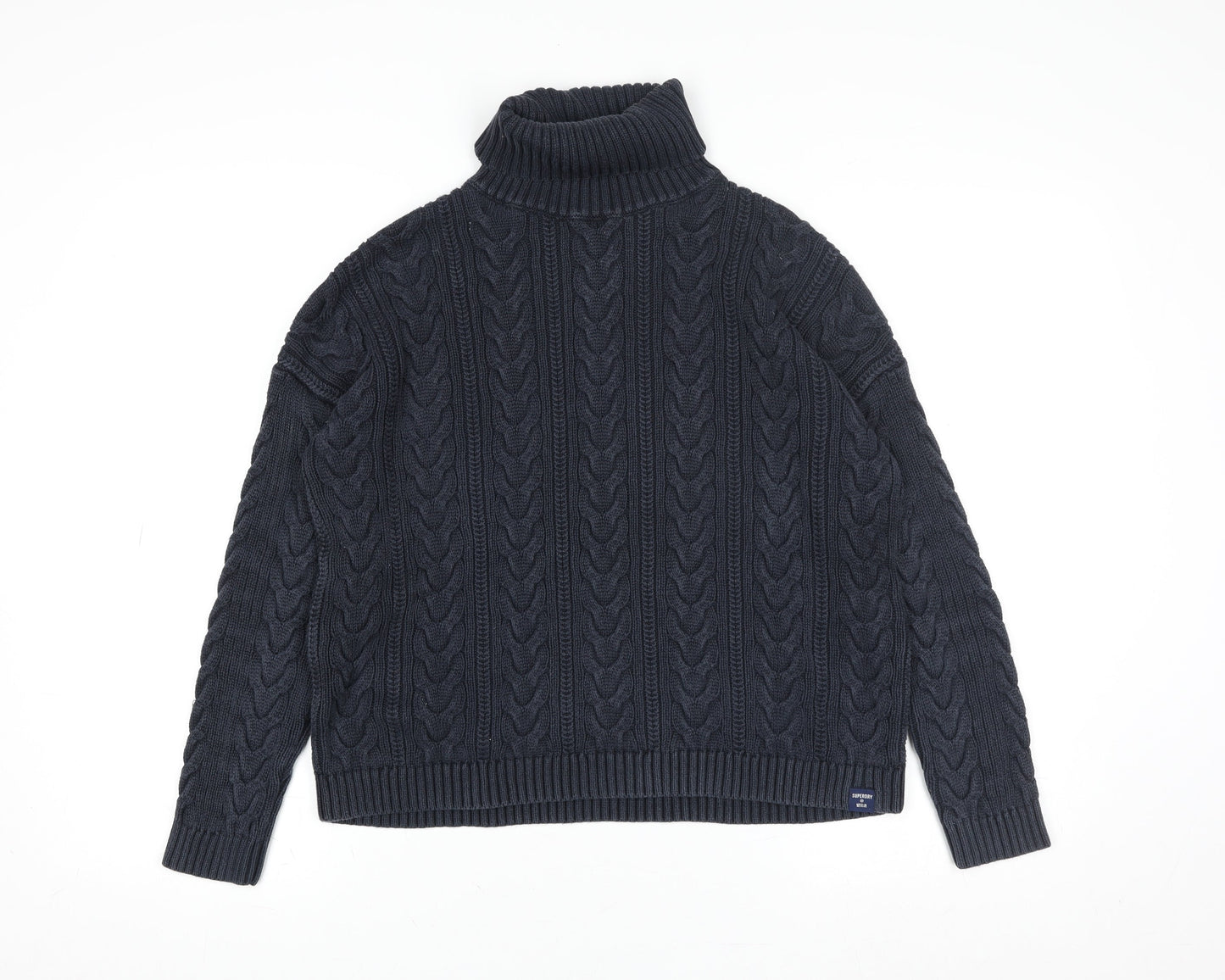 Superdry Women Blue Roll Neck Cable-Knit Cotton Jumper Size 10