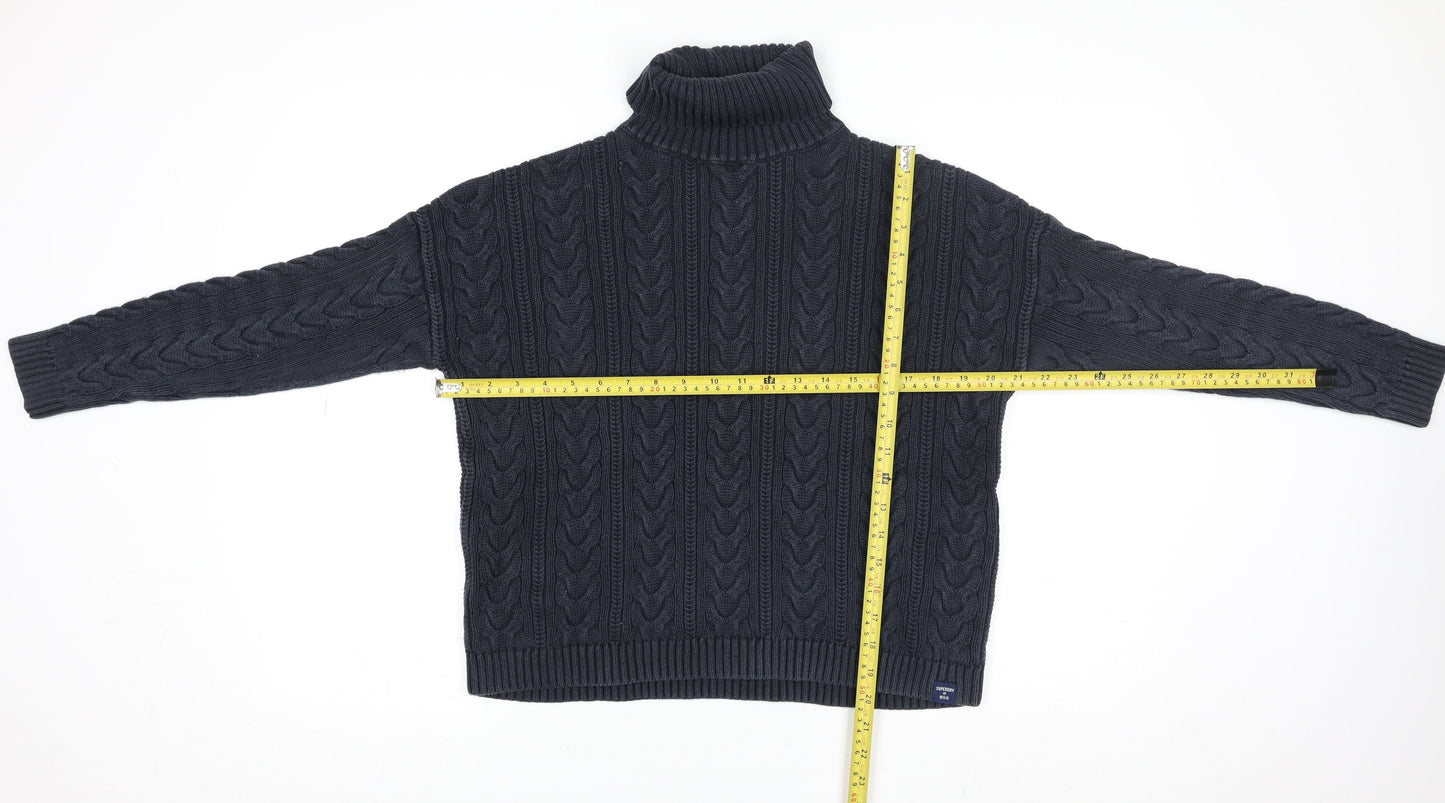 Superdry Women Blue Roll Neck Cable-Knit Cotton Jumper Size 10