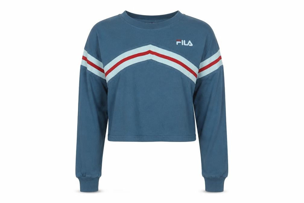 Front view of Fila Women’s Blue Crop Pullover Sweatshirt S Logo Long Sleeve
