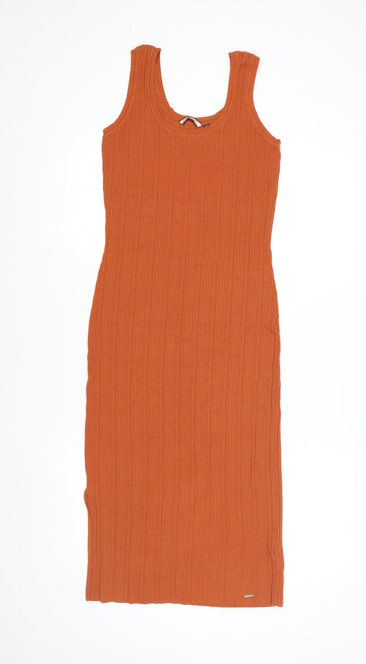 Superdry Womens Orange Ribbed Knit Midi Tank Dress Size 10