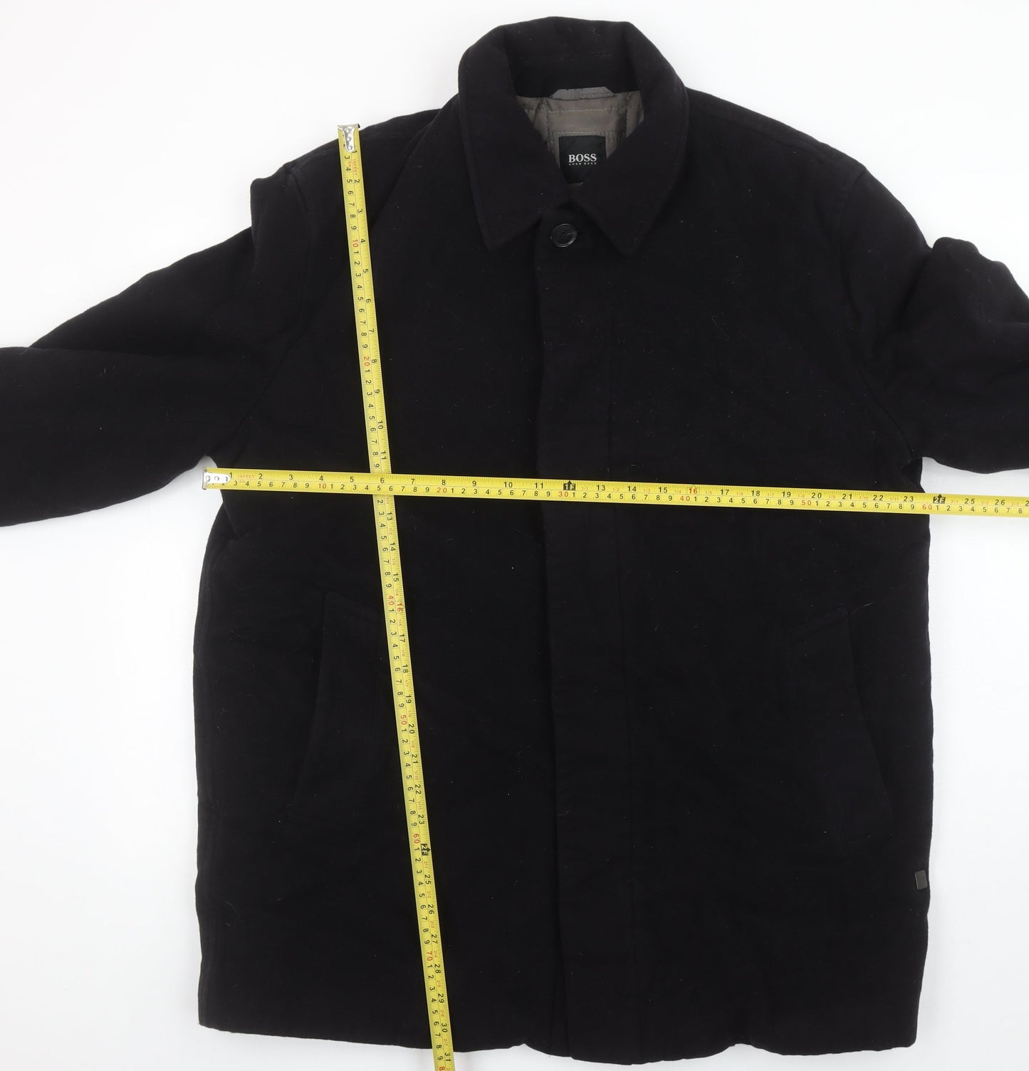 Hugo Boss Men's Black Wool Overcoat Size 48 Regular Classic Style