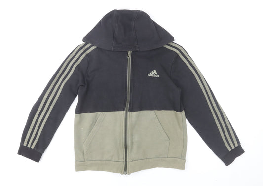 Adidas Boys Black & Green 11-12 Years Hooded Track Jacket Full Zip Colourblock