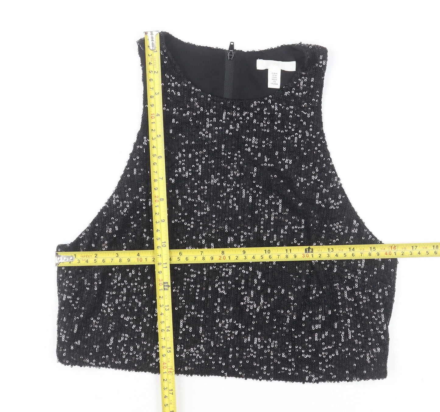 H&M Women Black Sequin Cropped Tank Top Size 12 Partywear