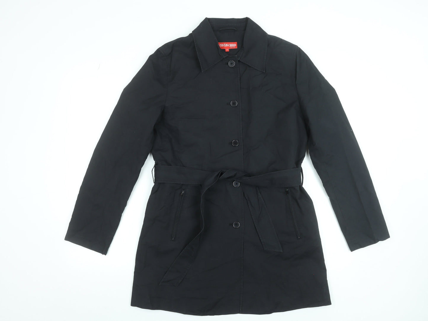 Review Women Black Trench Coat Belted Mid-Length Size 10