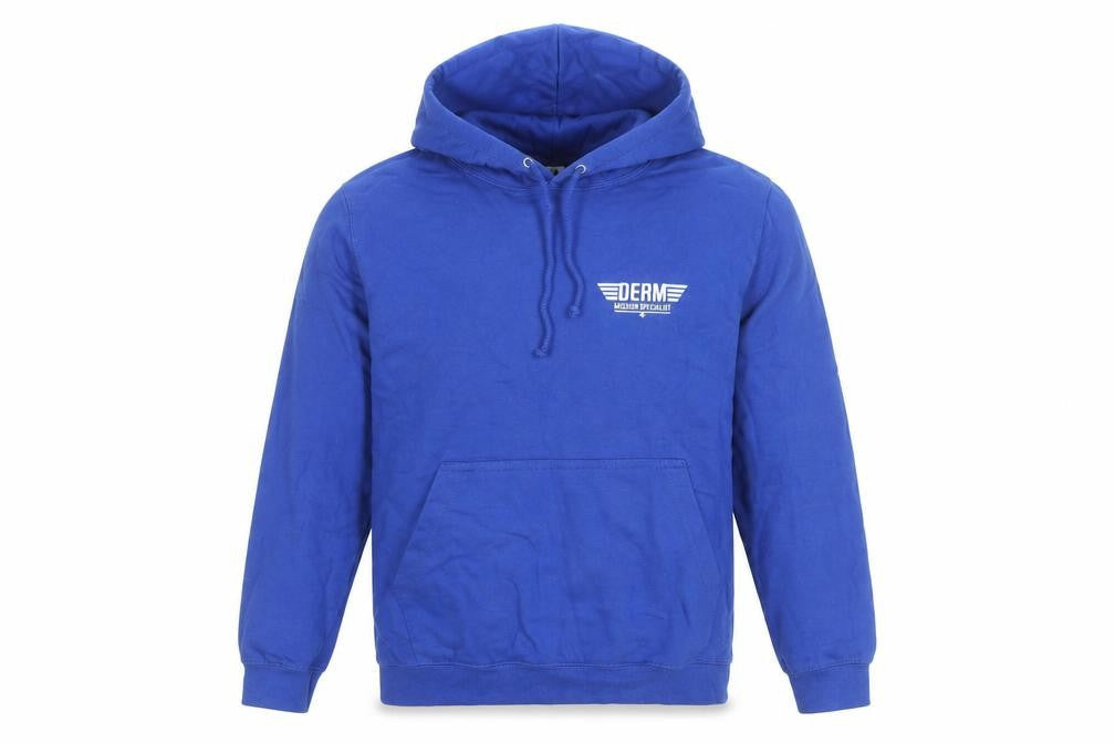 Front view of Just Hoods AWDis Blue Men’s Pullover Hoodie, size S, Graphic Print