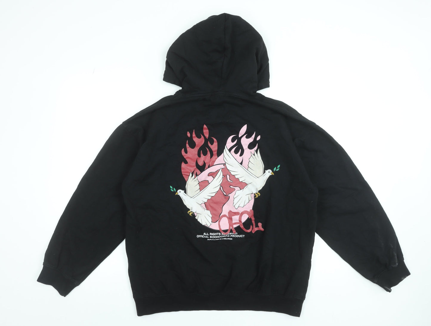 boohooMAN Men's Black Pullover Hoodie S Graphic Dove Flame Print