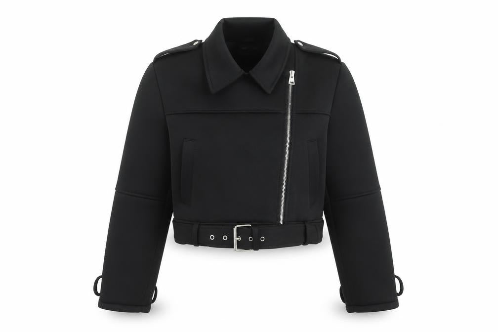 ASOS DESIGN Womens Black Size 8 Cropped Biker Jacket with Belt