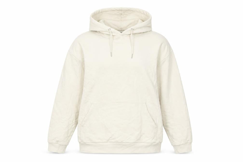 Front view of ASOS Design women’s beige pullover hoodie, size S, cotton blend casual