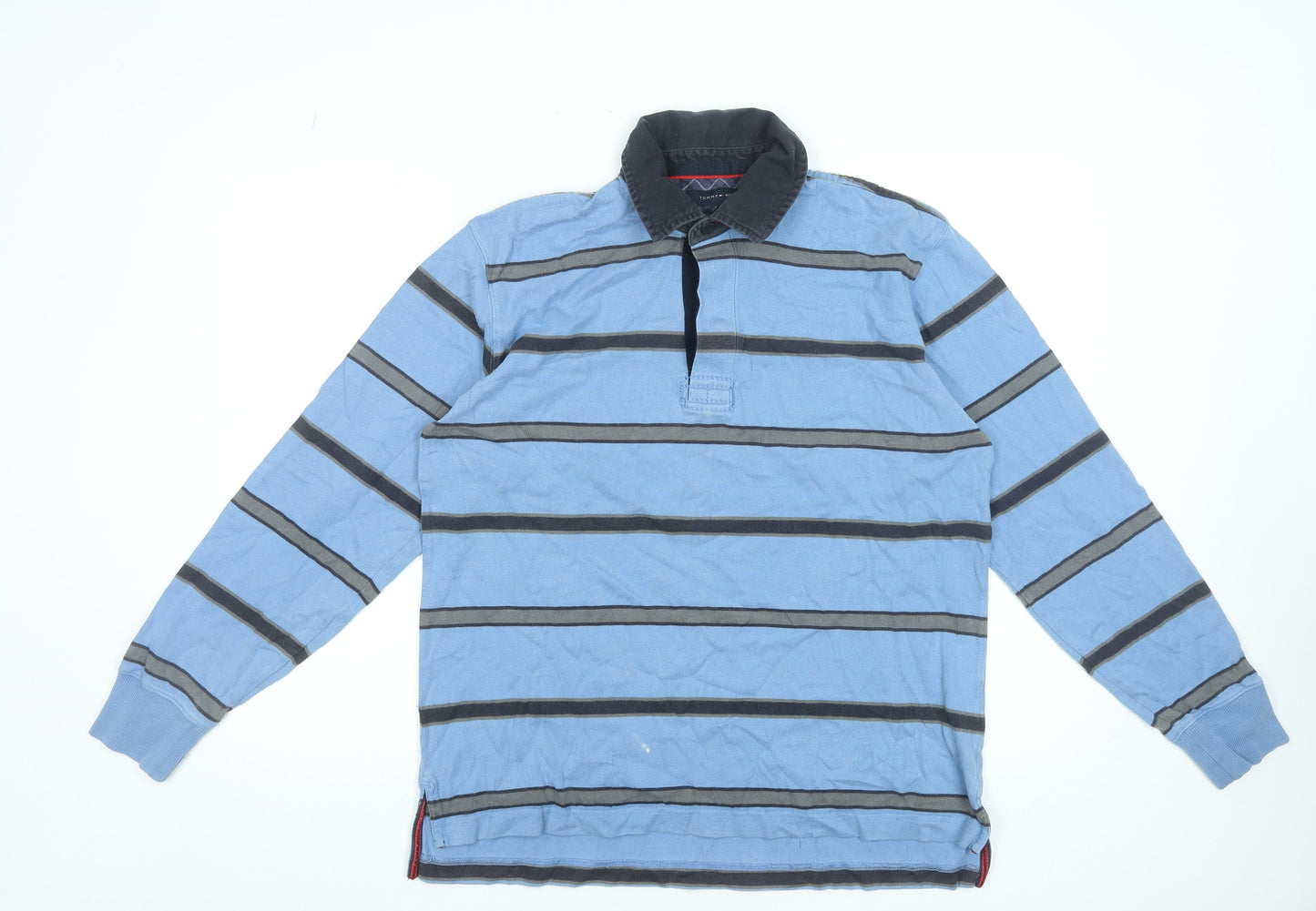 Tommy Hilfiger Men's Blue Striped Long Sleeve Cotton Polo M