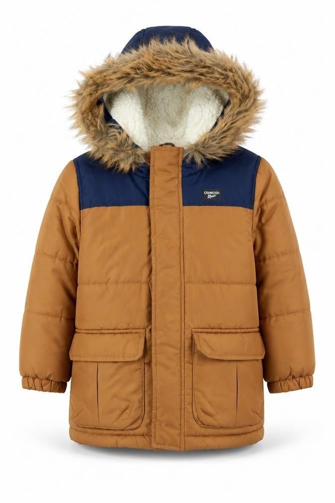 OshKosh B'gosh Boys Brown & Navy Hooded Fur Trim Puffer Jacket 5 Years