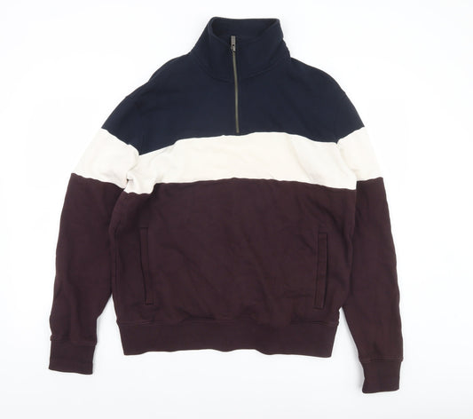 Marks and Spencer Men's Blue White Brown 1/2 Zip Sweatshirt M