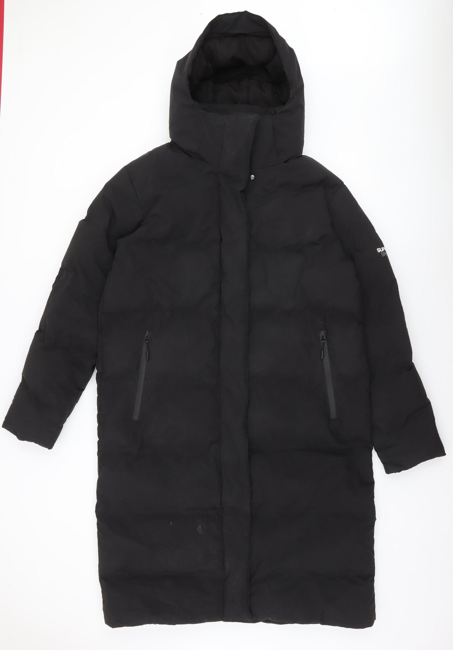 Superdry Women Black Long Hooded Puffer Coat Size 12