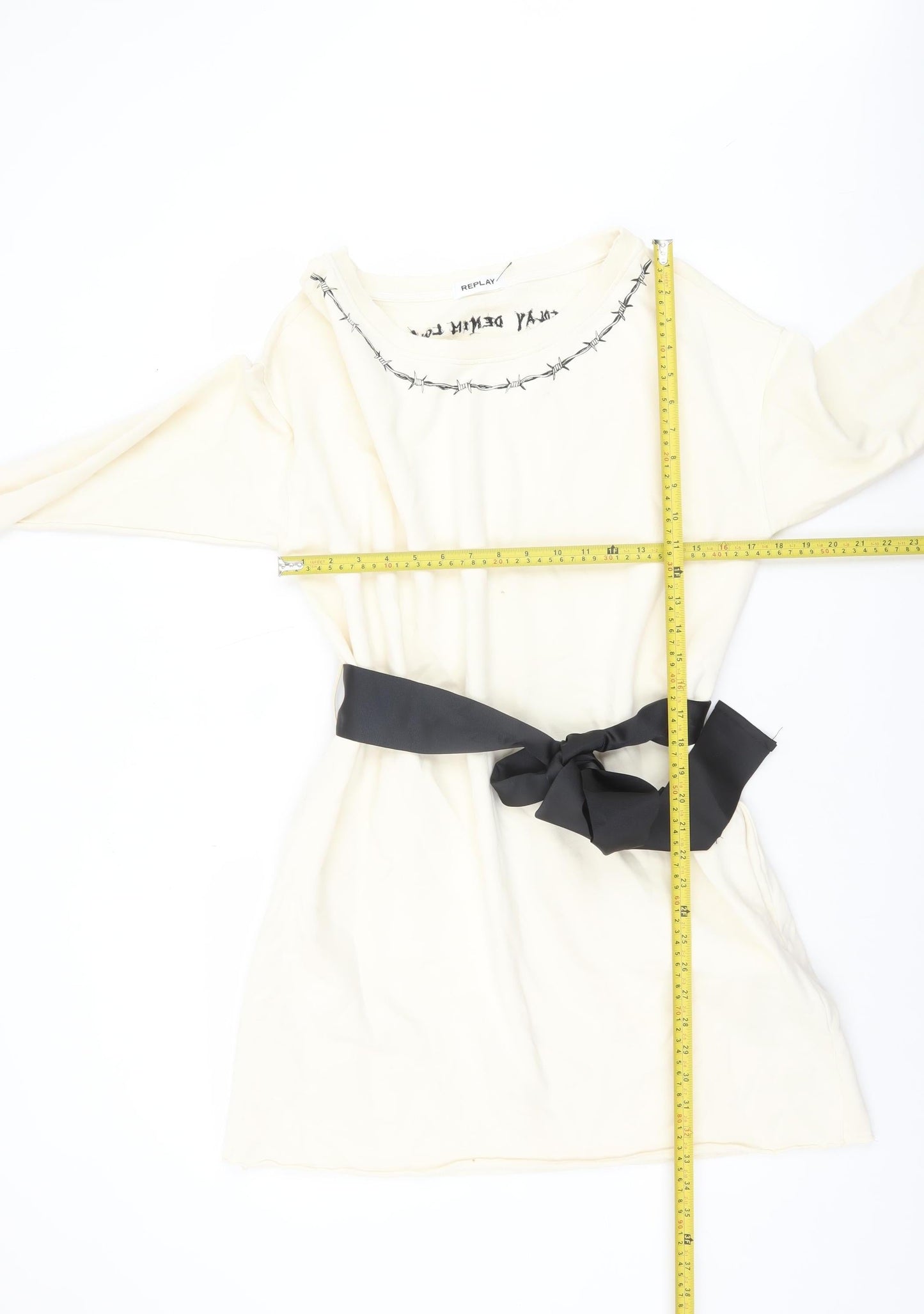 Replay Women Ivory Cotton Shift Dress XS Long Sleeve Belted