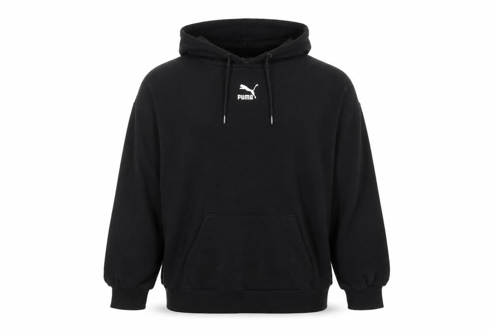 Front view of Puma Men’s Black Pullover Hoodie, size L, Regular Fit Sportswear