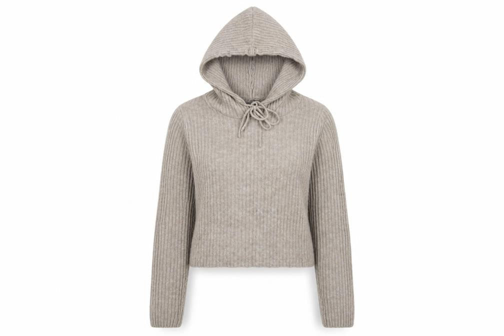 Stradivarius Women’s Beige Hooded Rib Knit Pullover Jumper Size S