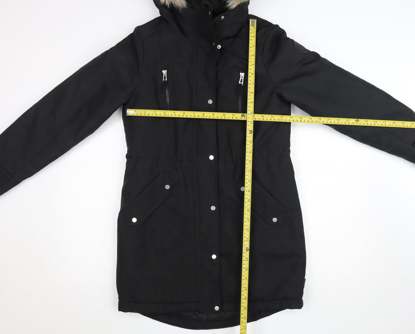 Vero Moda Womens Black Long Parka Coat Faux Fur Hood Size S