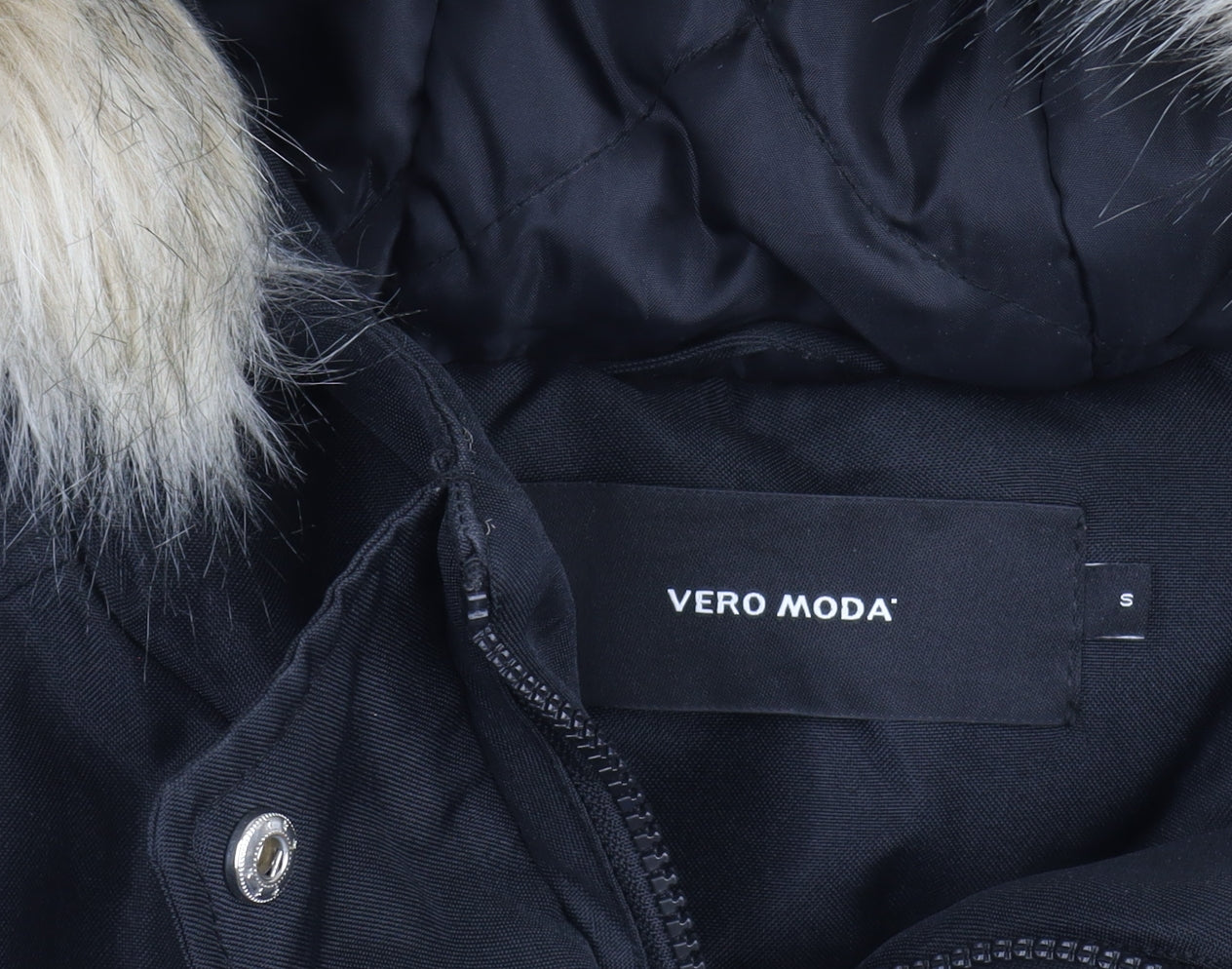 Vero Moda Womens Black Long Parka Coat Faux Fur Hood Size S