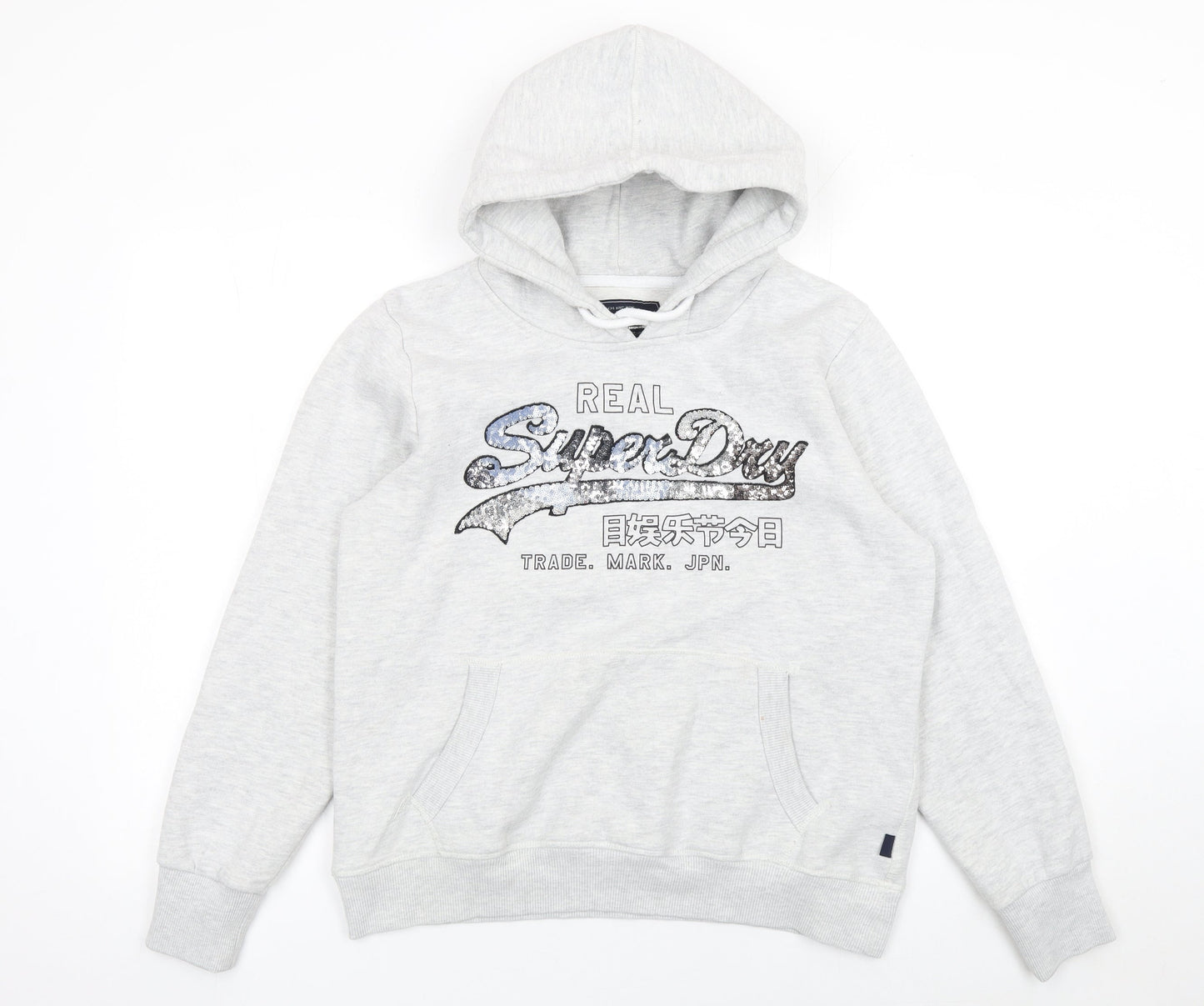 Superdry Womens Grey Sequin Logo Pullover Hoodie UK 16