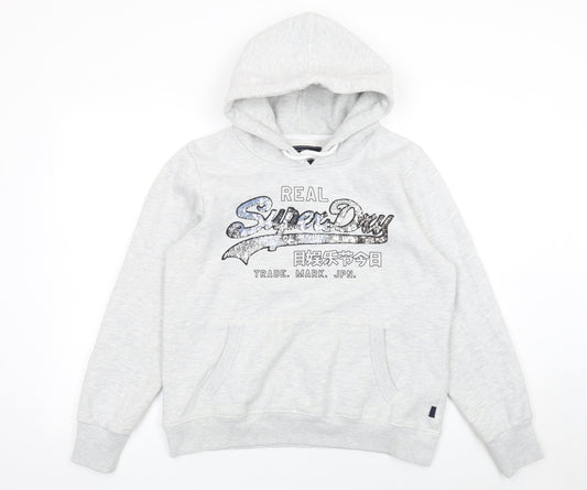 Superdry Womens Grey Sequin Logo Pullover Hoodie UK 16