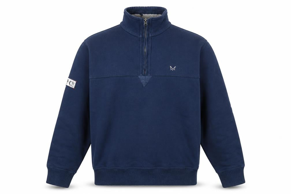 Front view of Crew Clothing Men's Blue 1/4 Zip Cotton Sweatshirt, size S