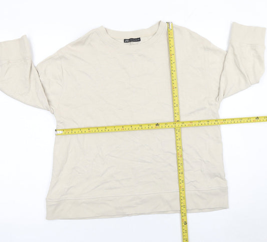 Zara Women Beige Cotton Crew Neck Pullover Sweatshirt M