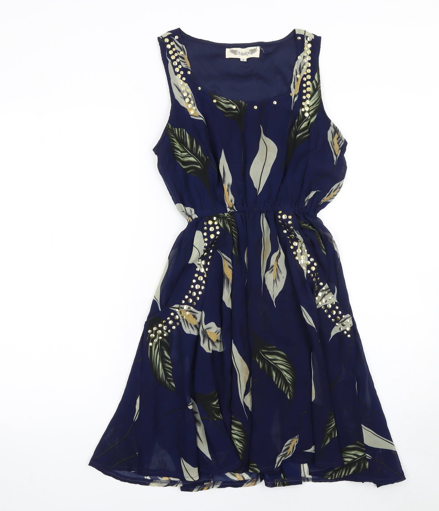 AngelEye Womens Blue Floral Beaded A-Line Sleeveless Dress S