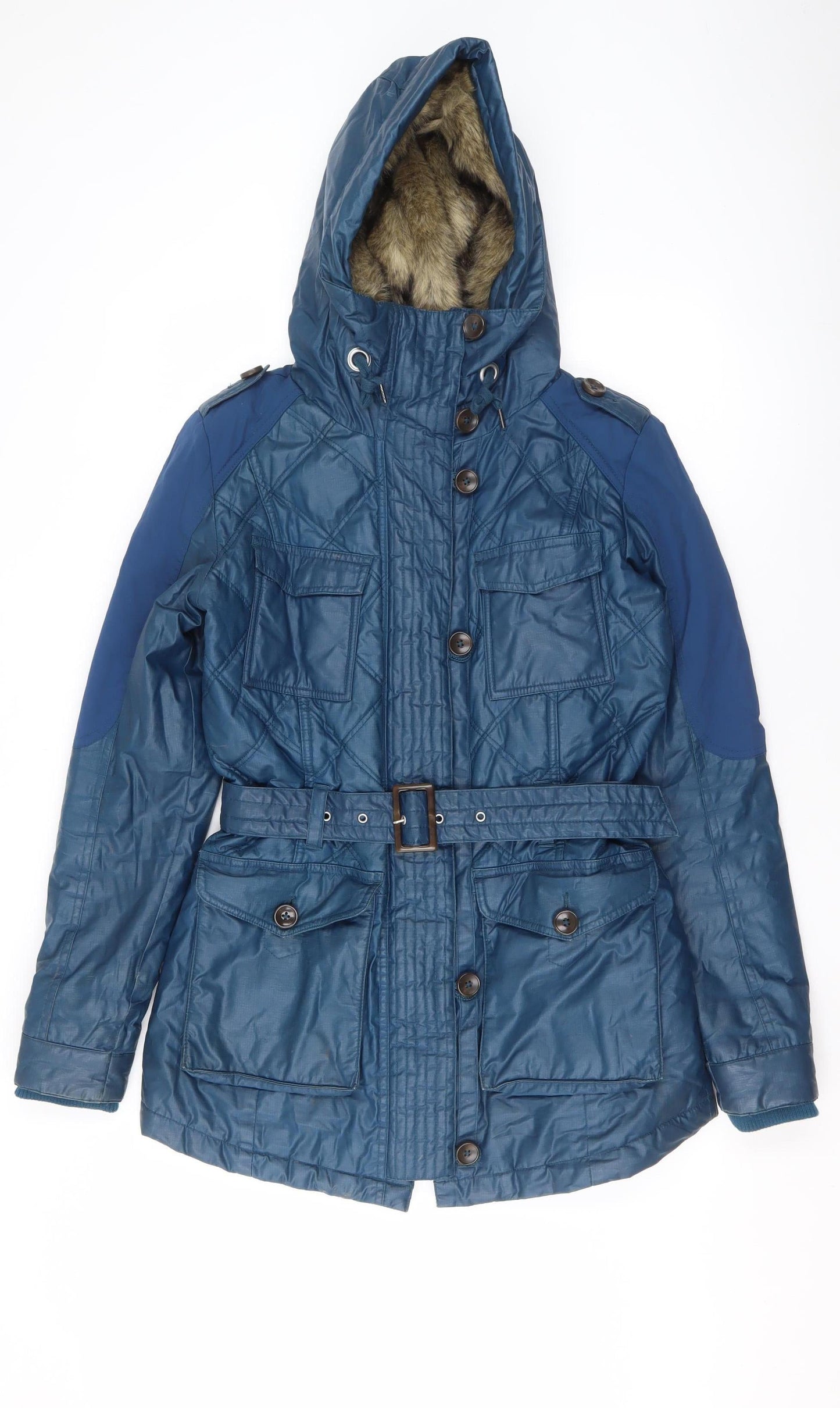 Next Womens Blue Hooded Belted Parka Jacket Size 10