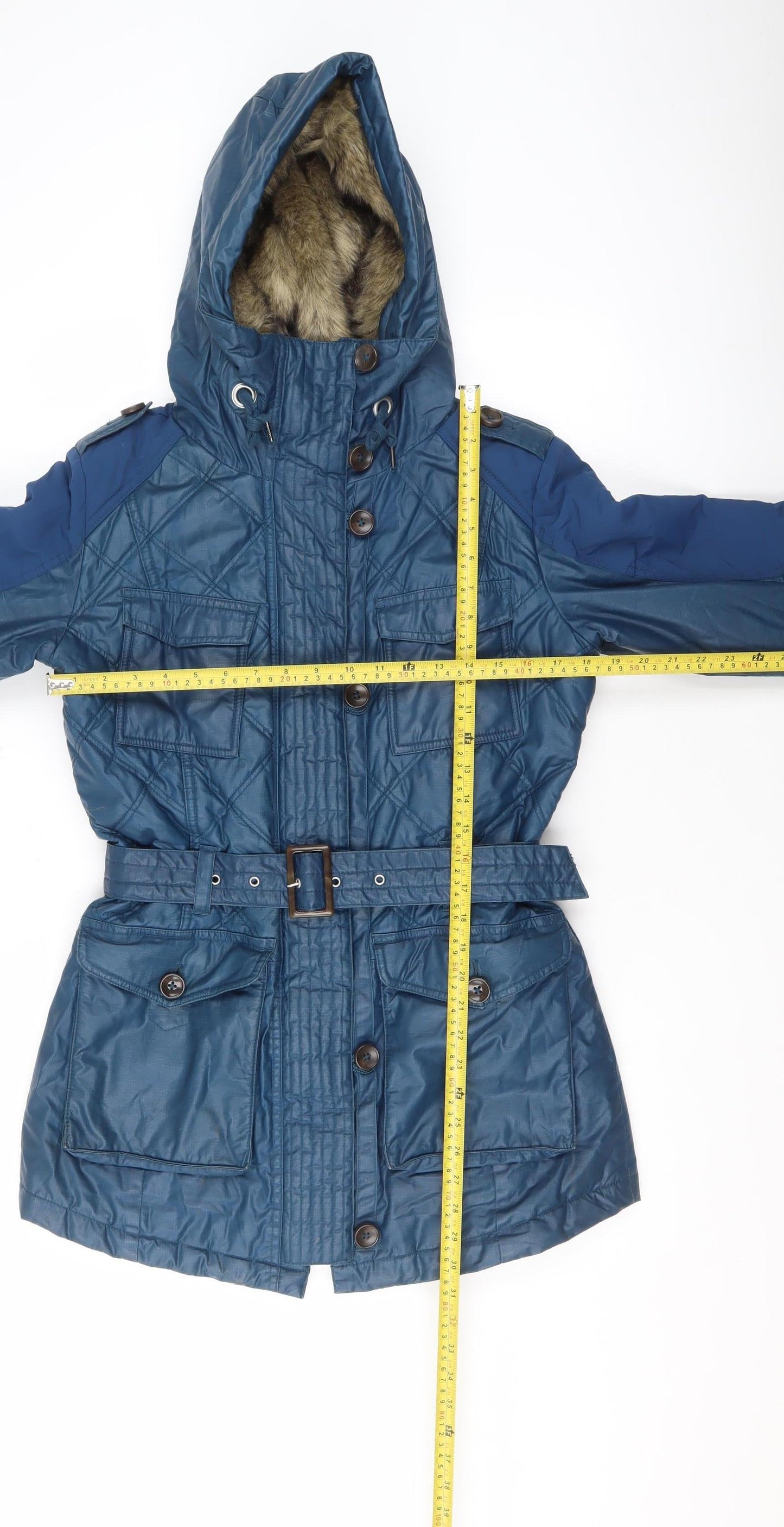 Next Womens Blue Hooded Belted Parka Jacket Size 10