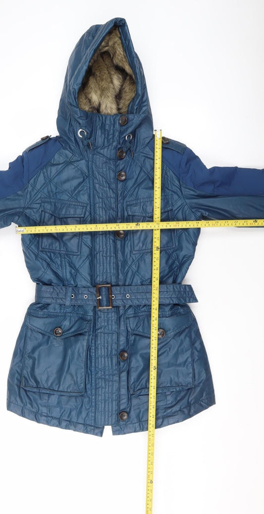 Next Womens Blue Hooded Belted Parka Jacket Size 10